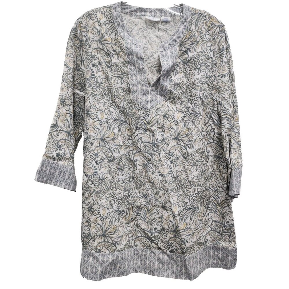 Sigrid Olsen Womens Linen Tunic Top Small Gray White Paisley 3/4 Sleeve Coastal